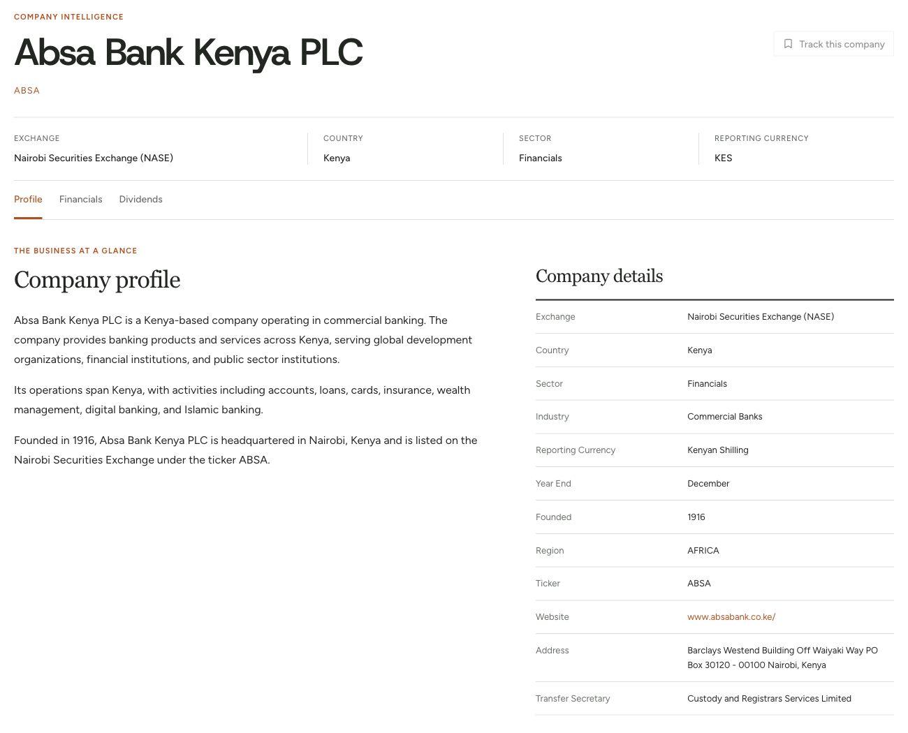 Absa Bank Kenya company profile in Hive