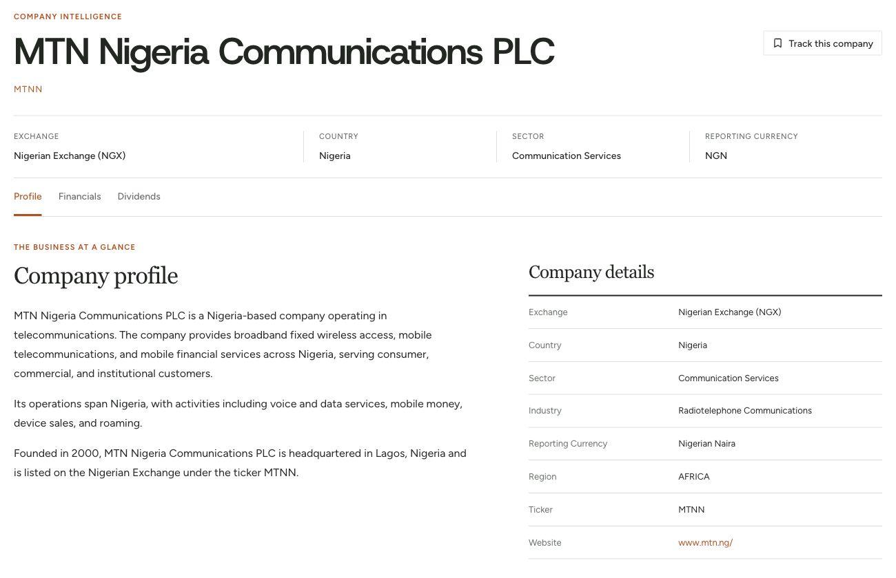 MTN Nigeria company profile with company information and reporting currency in Hive